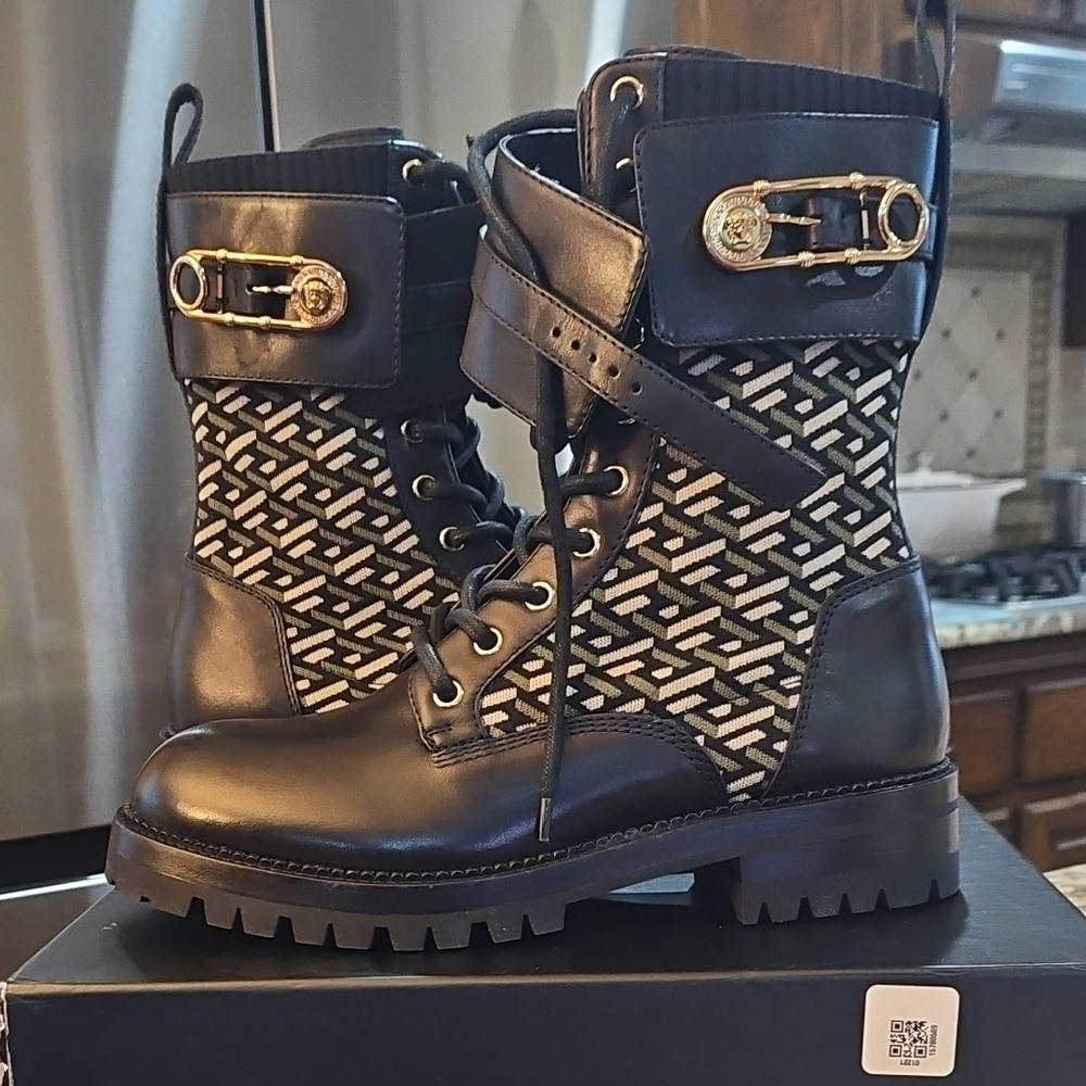 Versace Black and White Combat Boots with Gold Accents